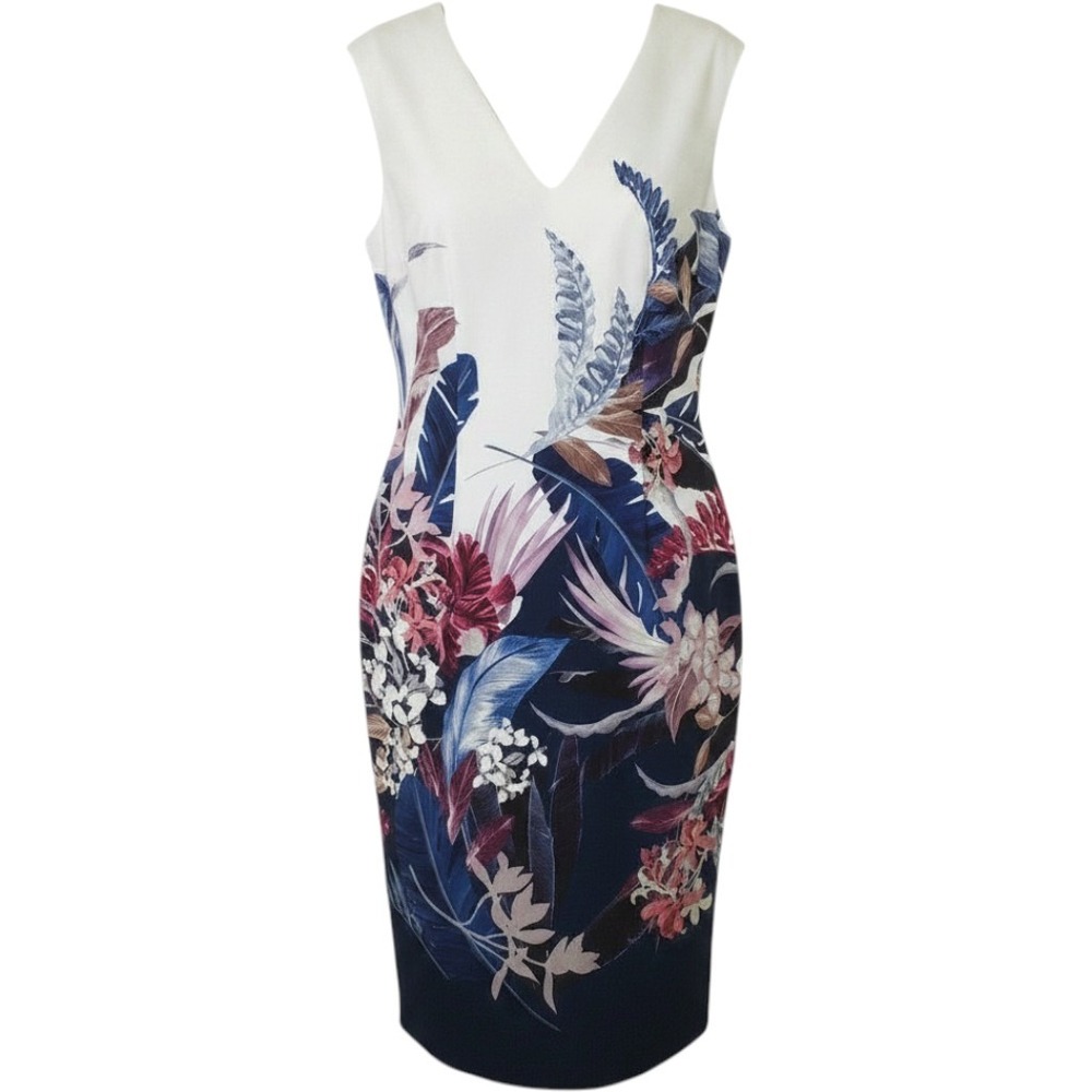 Adrianna Papell White Floral Scuba Sheath Dress Tropical Navy Pink Size 8